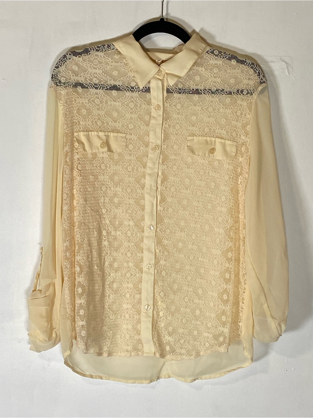 Coquette Lace Balletcore Cottagecore Sheer Button Up Blouse Large Butter Yellow